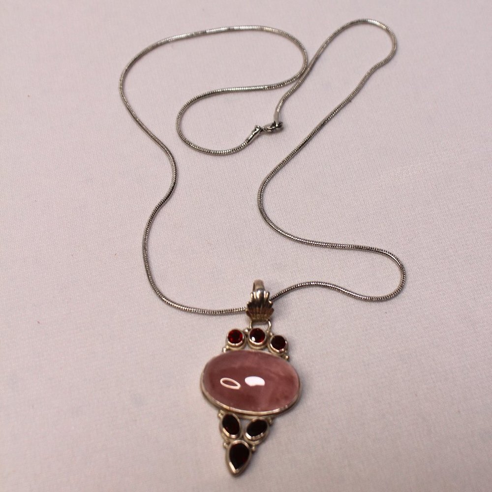 Sterling Silver Rose Quartz Gemstone and Red Glass Stone Necklace - Picture 5 of 13